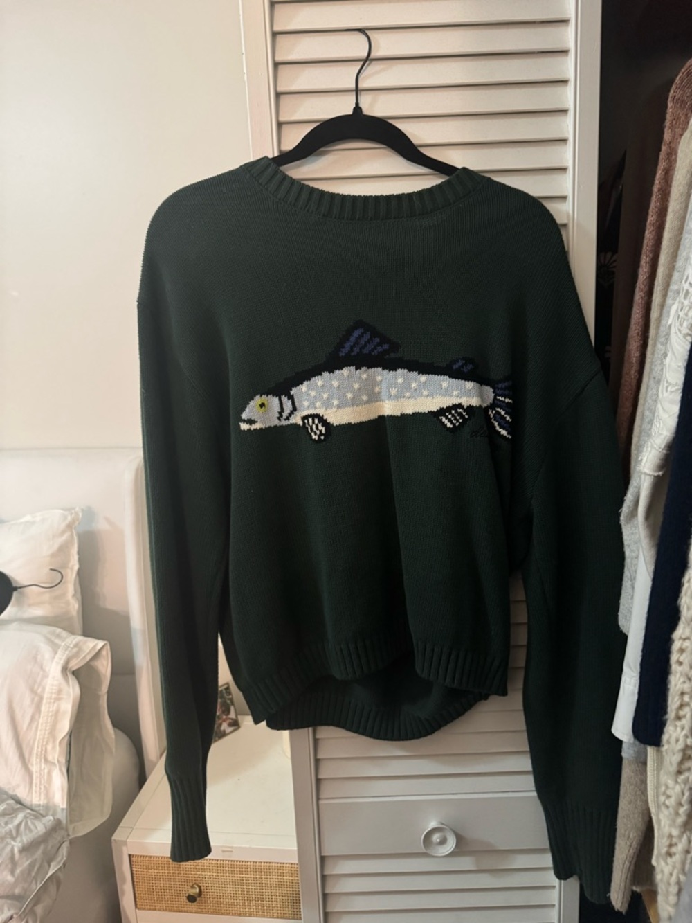 Dark Green Fish Intarsia Crewneck Sweater - Women